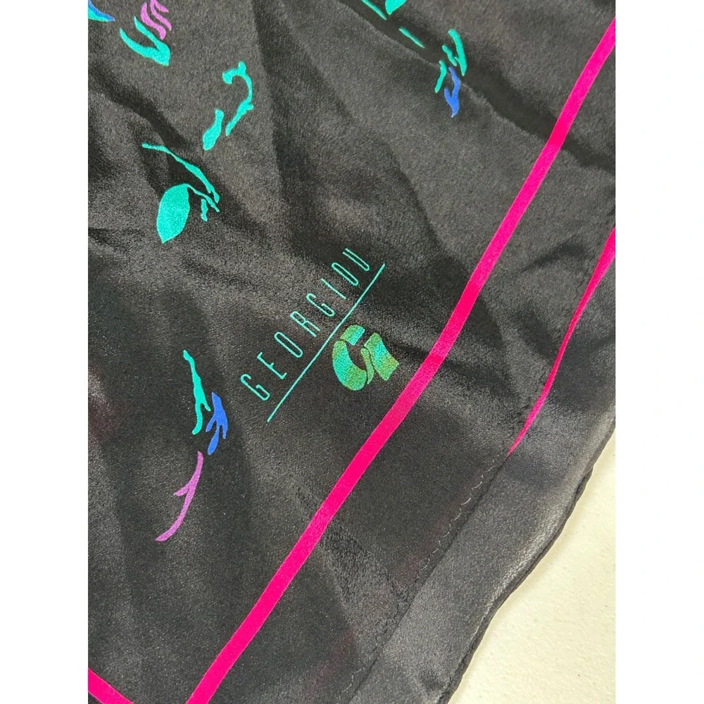Vintage Georgiou Scarf Womens Black Floral Silk Square Lightweight Made In Japan